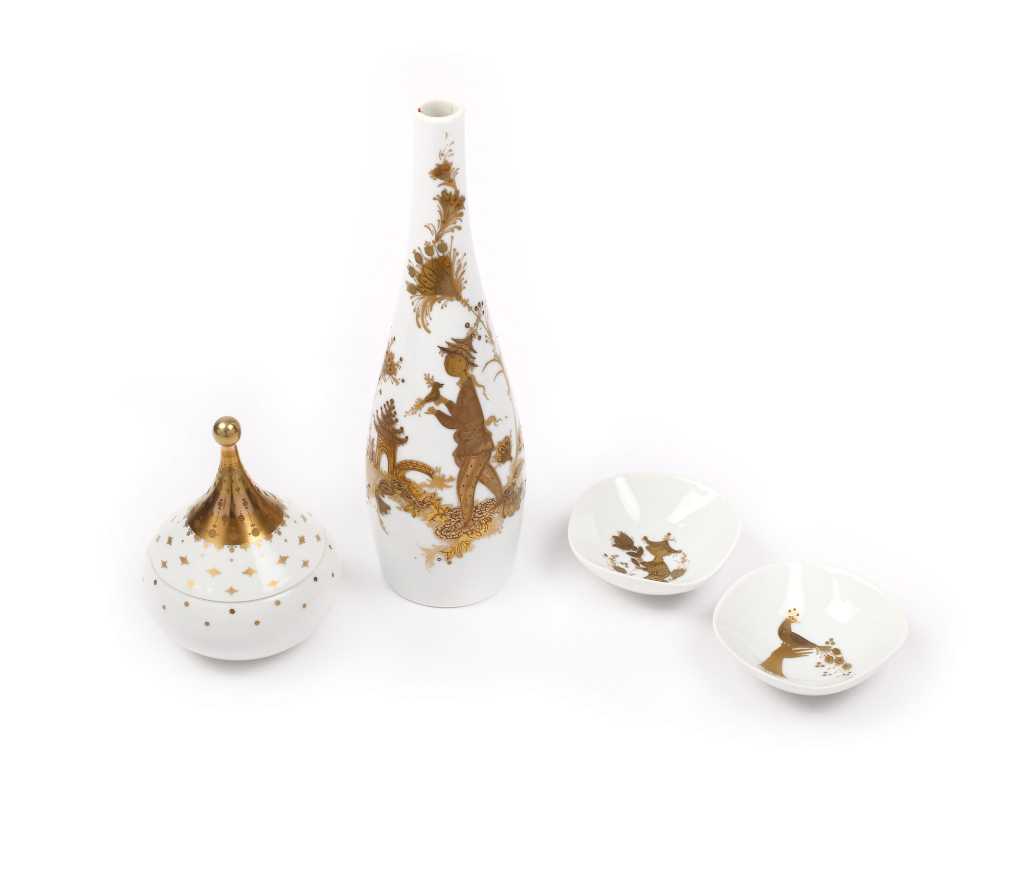 Garnitură Rosenthal formată din solifloră, bombonieră și două mici boluri, designer Bjørn Wiinblad