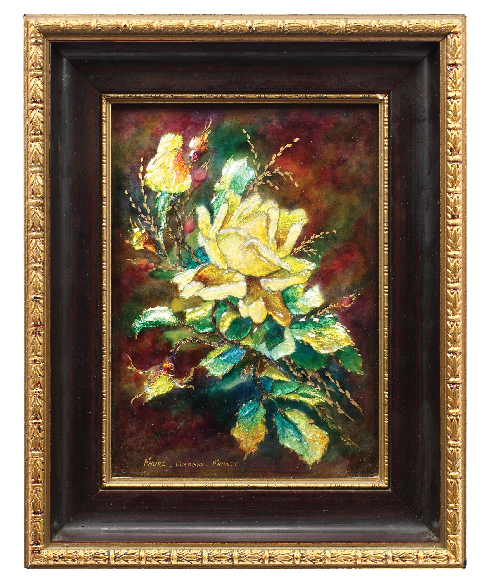 "Vieilles roses" - placă decorativă Limoges, pictată în email de Camille Fauré, cca. 1930-1940