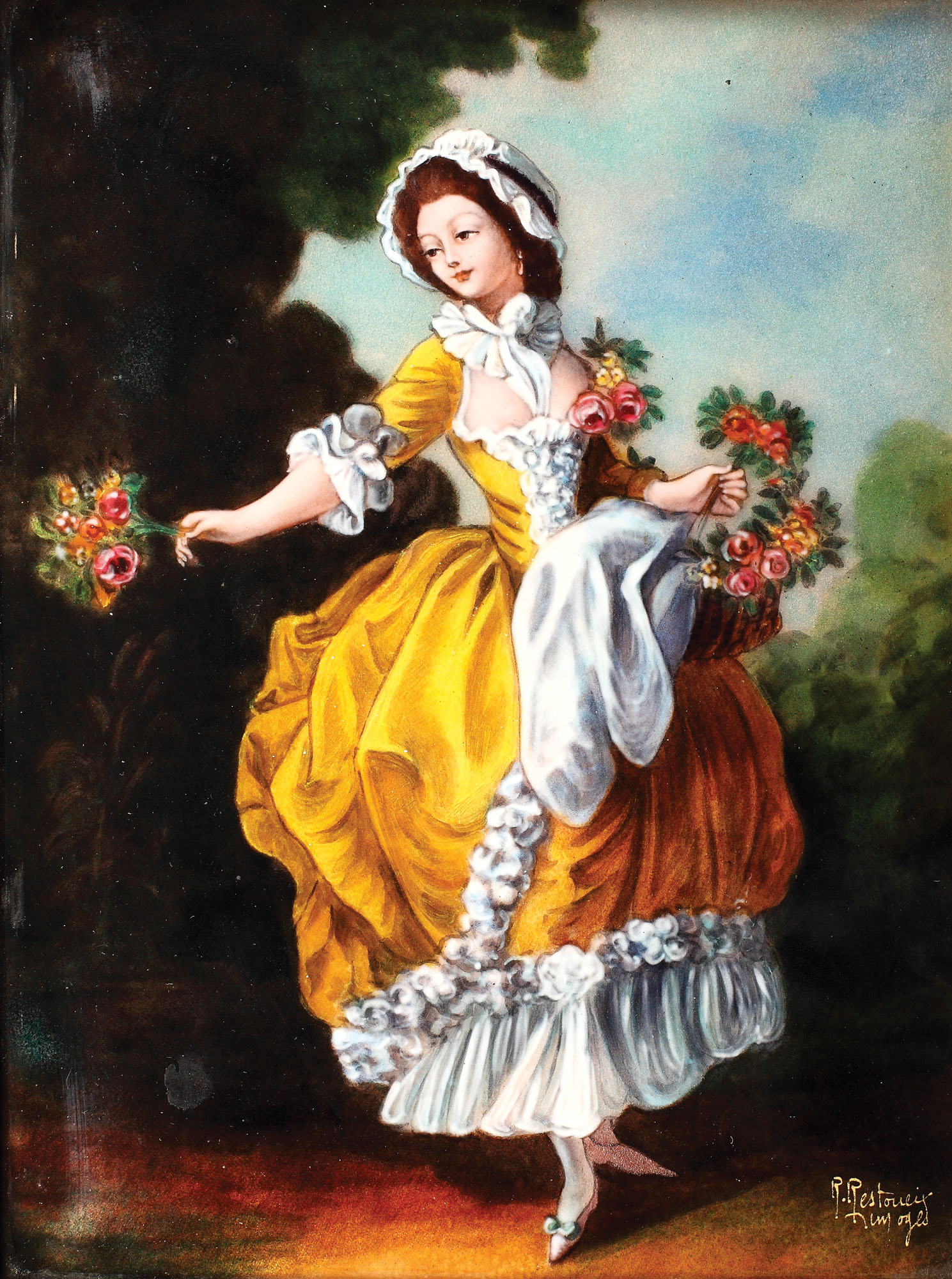 "Florăreasa" - placă decorativă Limoges,  semnată R. Restoueix, prima jumătate a sec. XX