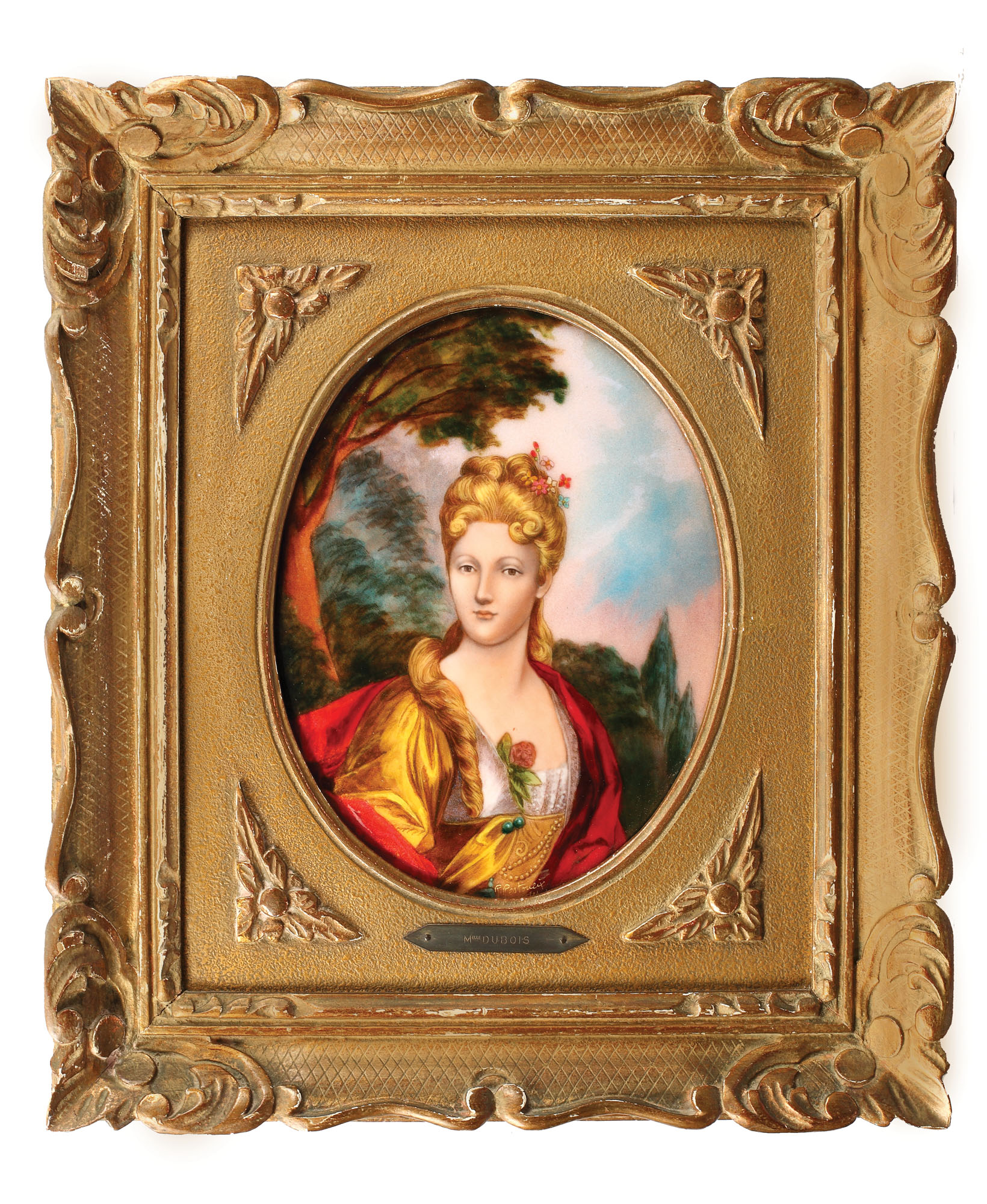 "Portretul  domnișoarei Dubois" - placă decorativă Limoges,  semnată R. Restoueix, după un tablou de Nicolas de Largillière, prima jumătate a sec. XX