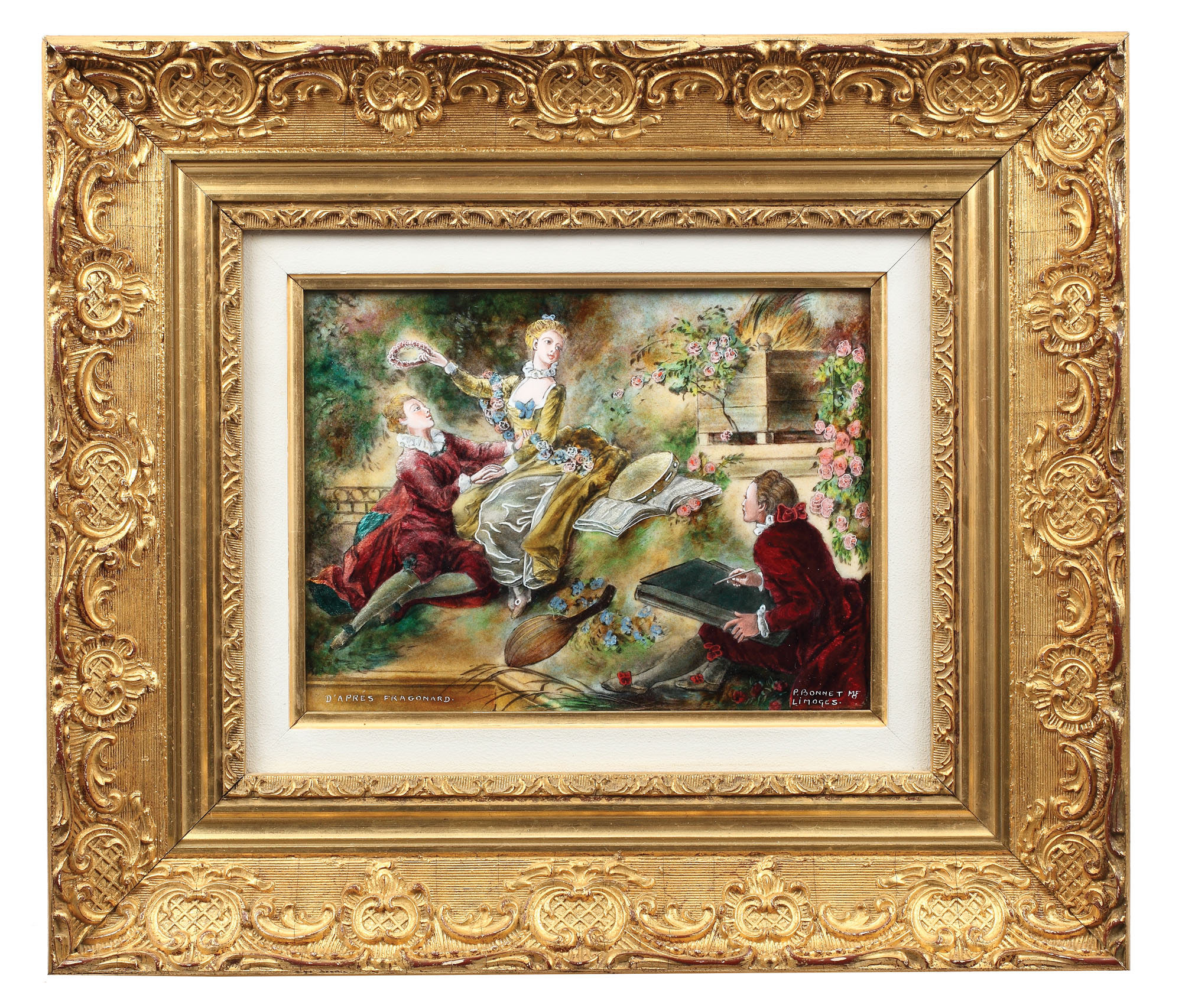 "Progresul dragostei" - placă decorativă Limoges, semnată P. Bonnet, după un tablou de Fragonard, prima jumătate a sec. XX