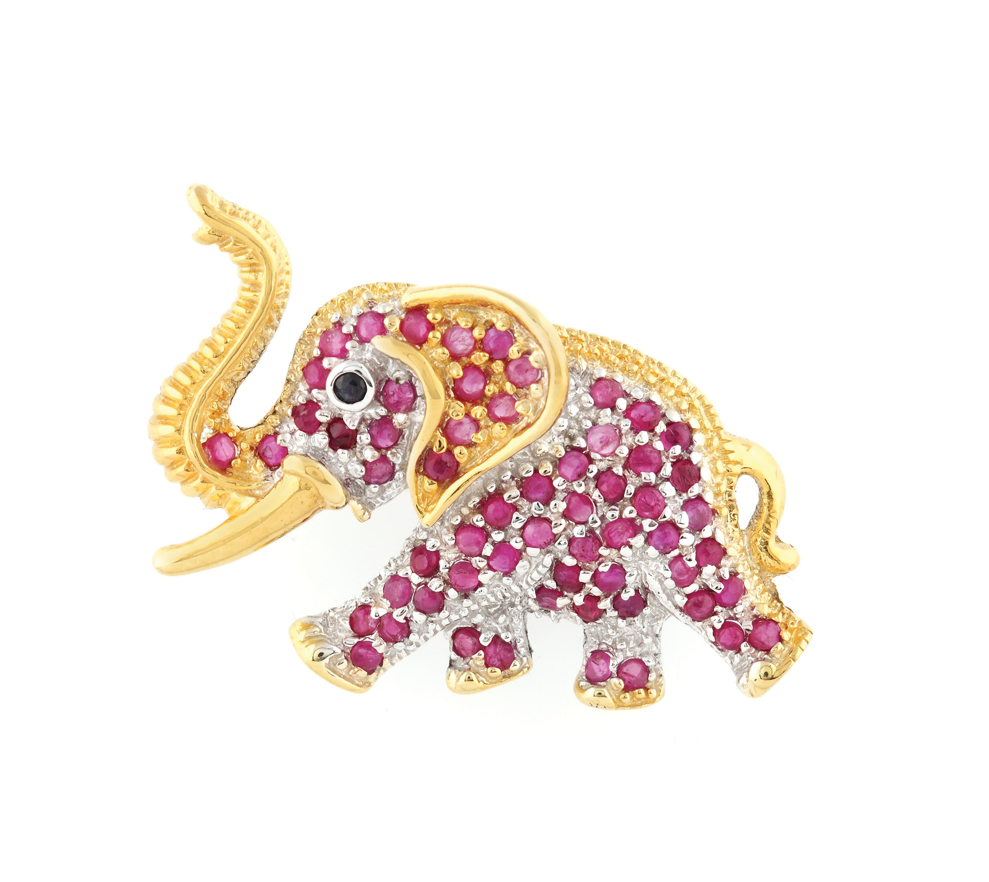 Broșă din argint, în forma unui elefant, decorată cu rubine și safir