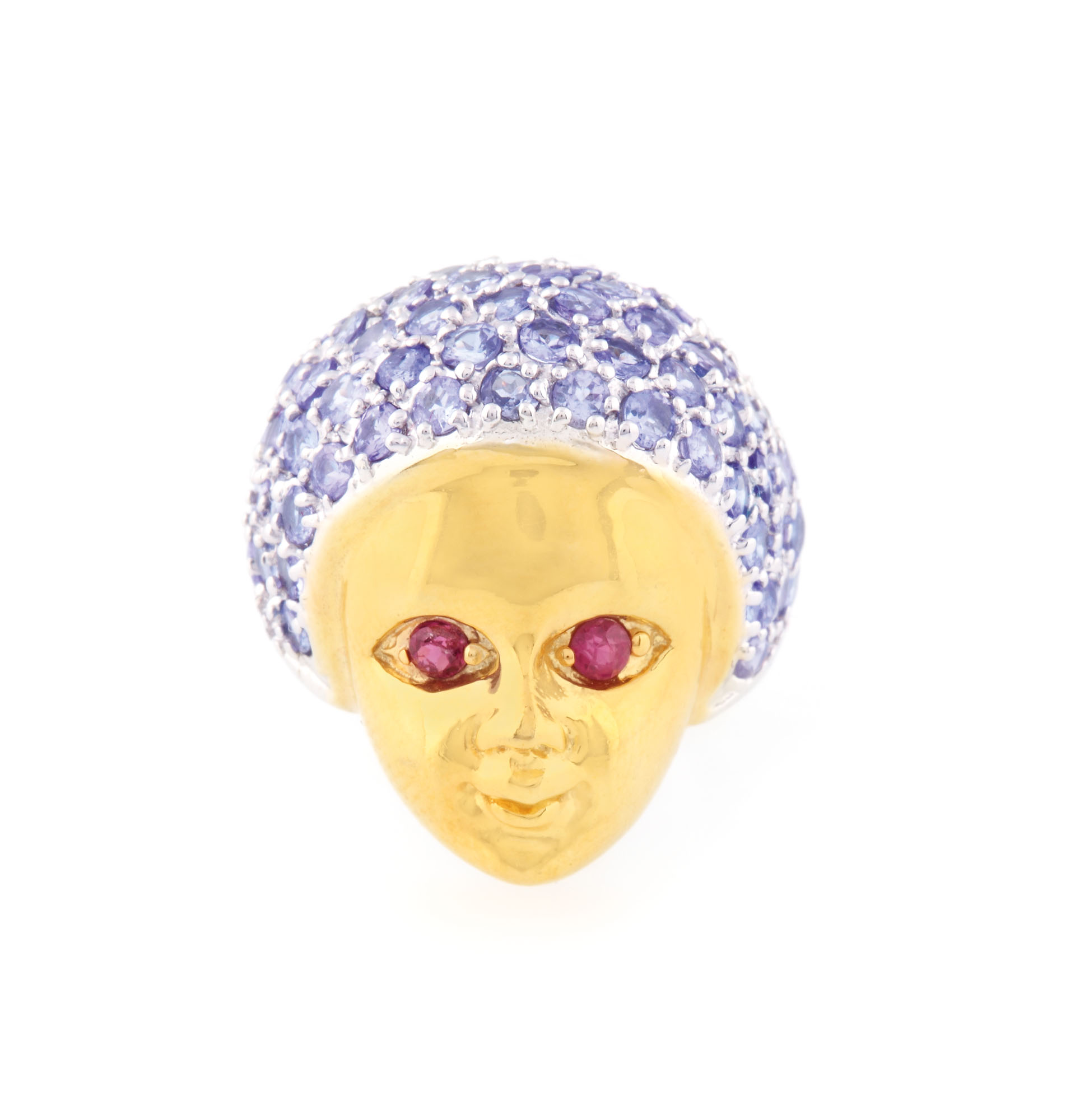 Fascinant inel din argint aurit, decorat cu un chip feminin cu ochi din granate și turban din tanzanite