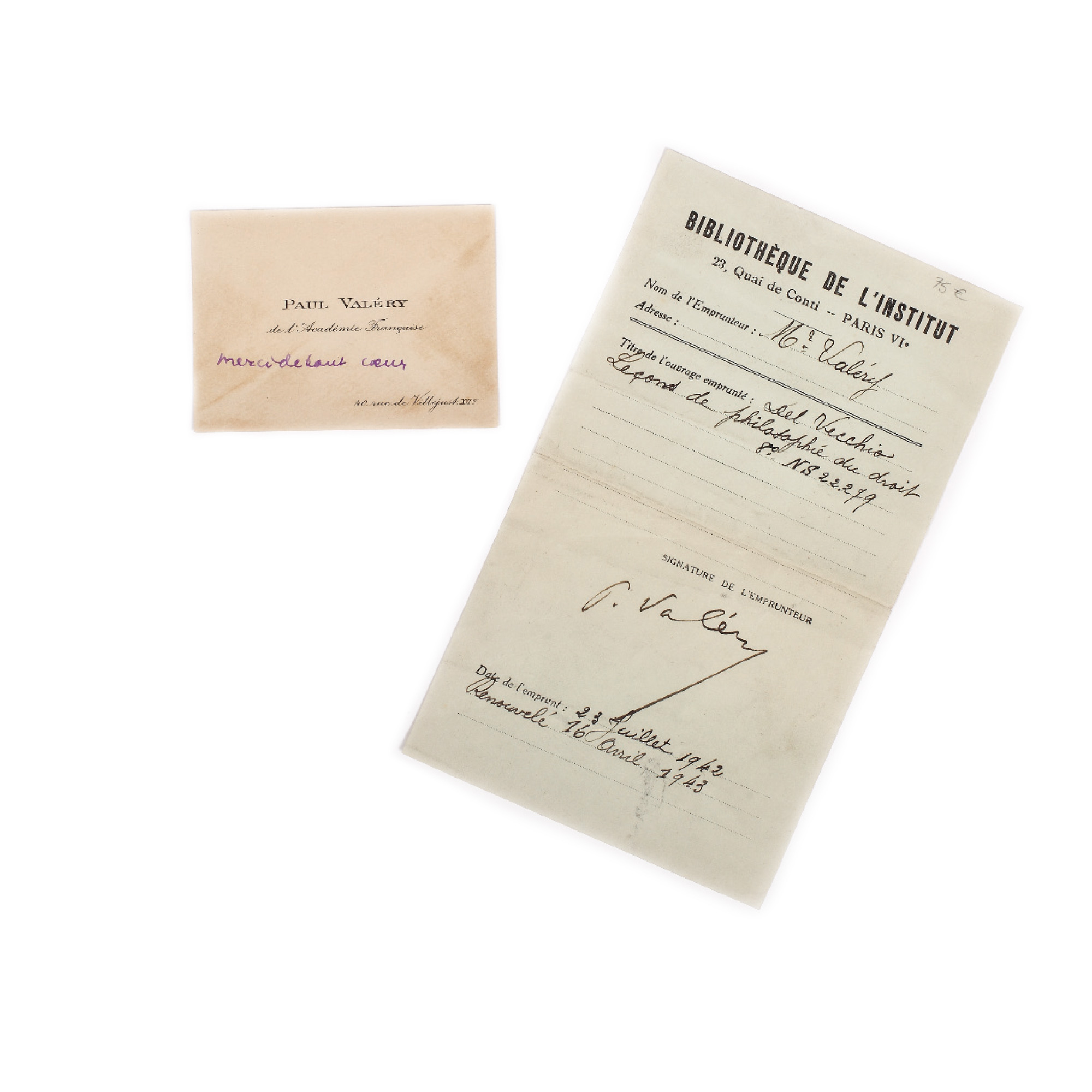 Bilet de împrumut al unei cărți, semnat de poetul francez Paul Valéry, însoțit de o carte de vizită a acestuia