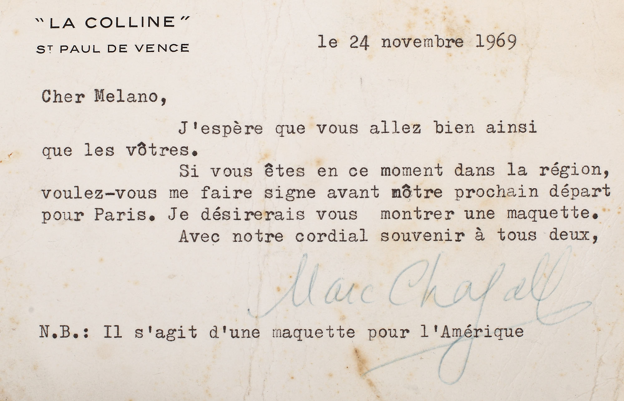 Scrisoare dactilografiată a pictorului Marc Chagall, purtând semnătura olografă