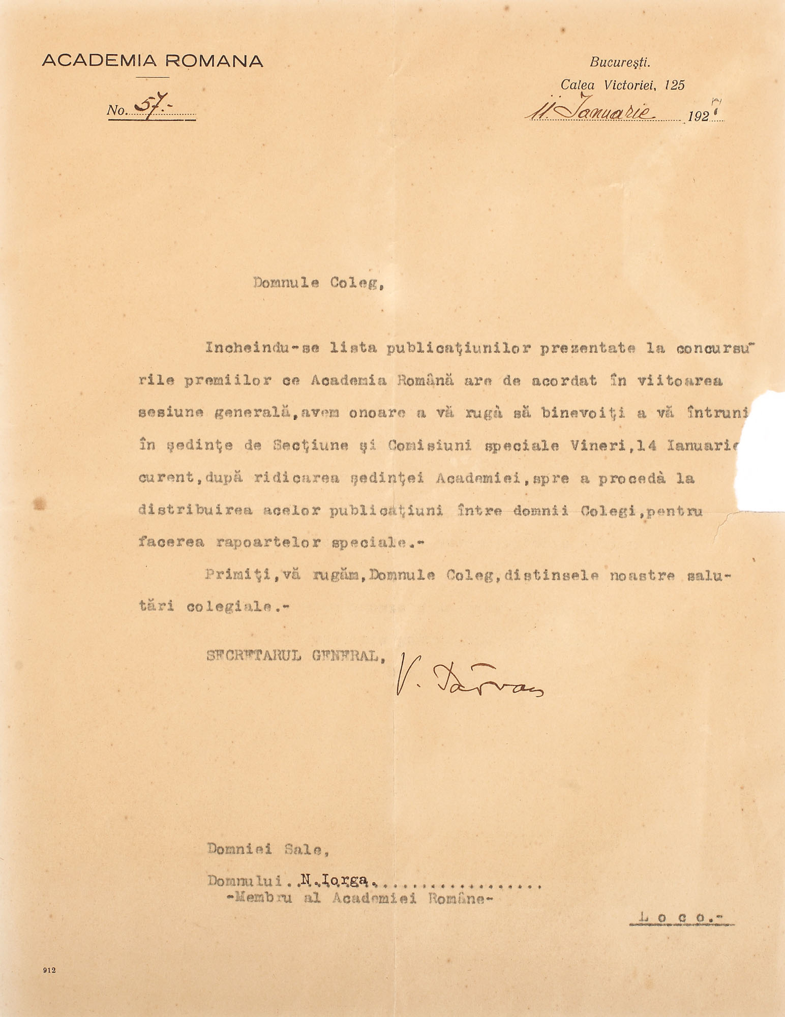 Scrisoare dactilografiată a academicianului Vasile Pârvan, purtând semnătura olografă