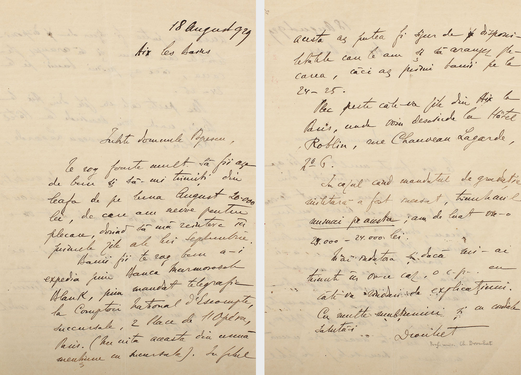Scrisoare a istoricului literar român Charles Drouhet, purtând semnătura olografă