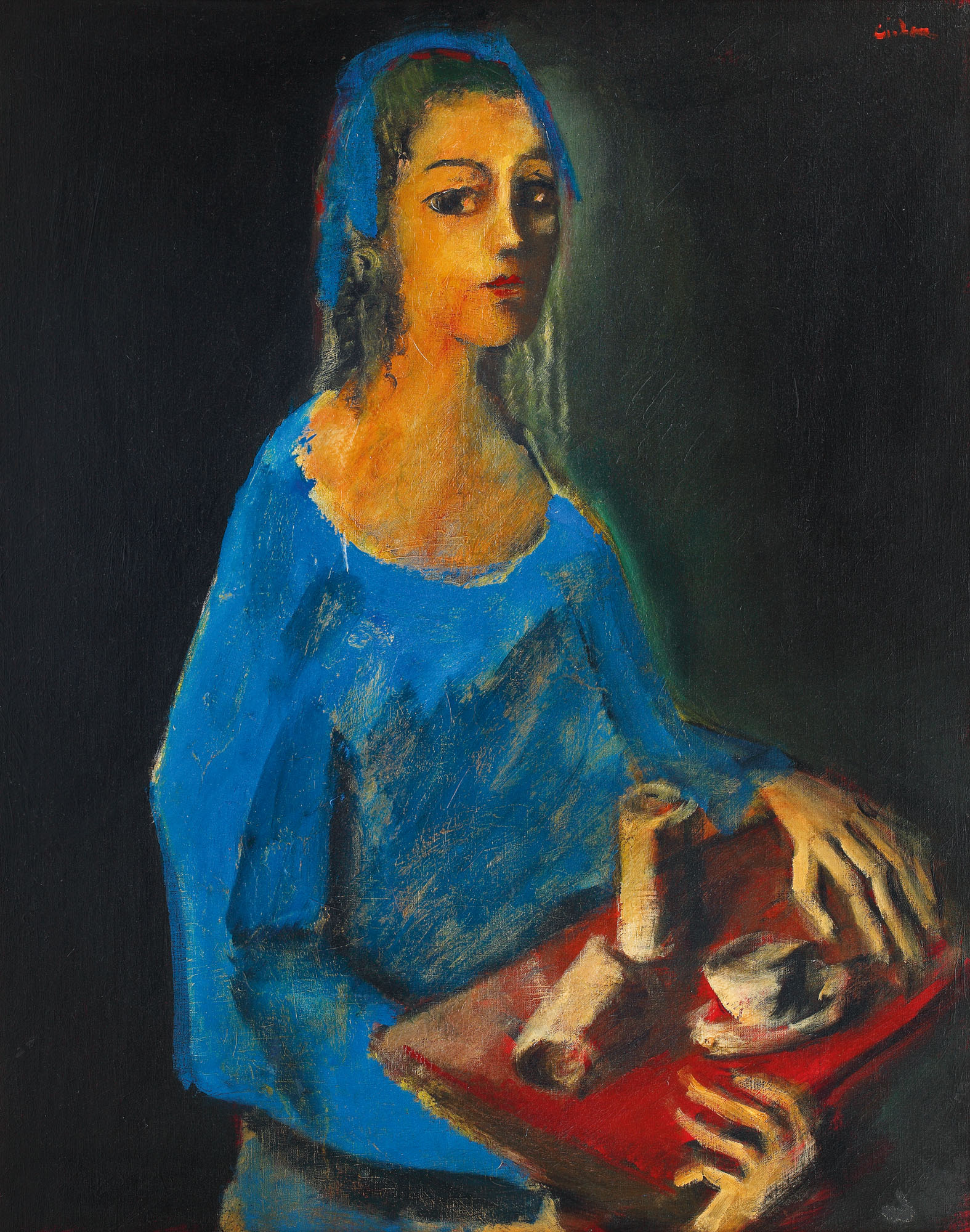 Servante a la tunique bleue