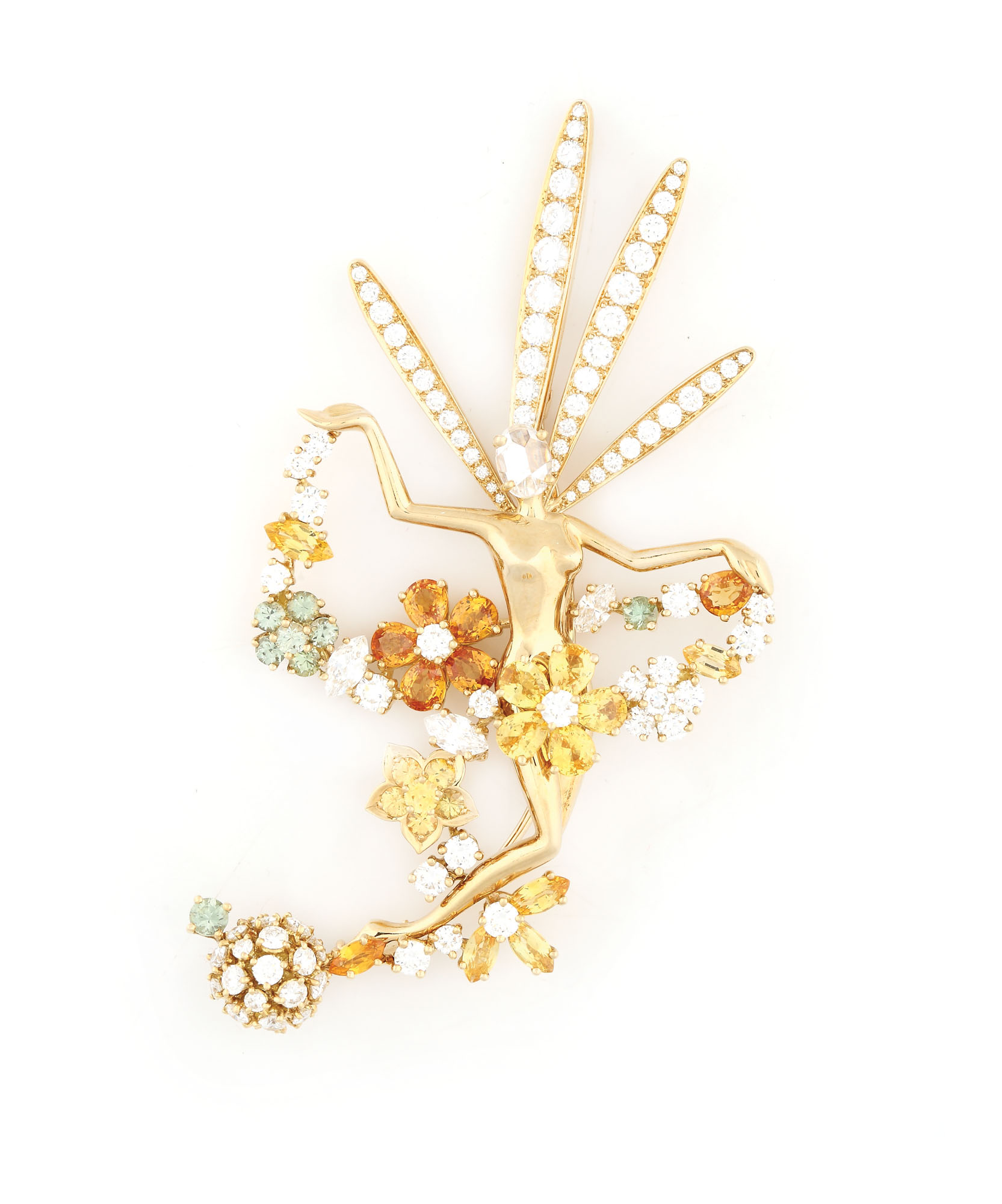 Excepțională broșă Van Cleef & Arpels Folie des Prés, în formă de zână, amplu decorată cu diamante și safire galbene, verzi și portocalii