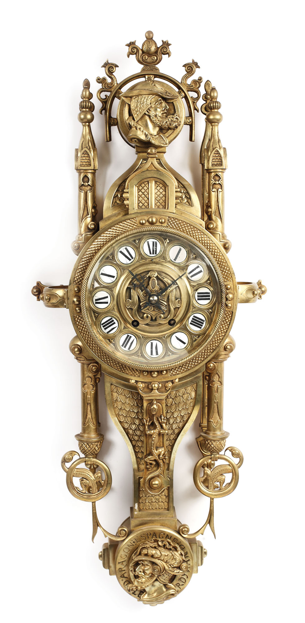 Ceas decorativ de perete din bronz cizelat, realizat în manieră Neogotică, sfârşitul sec. XIX - începutul sec. XX
