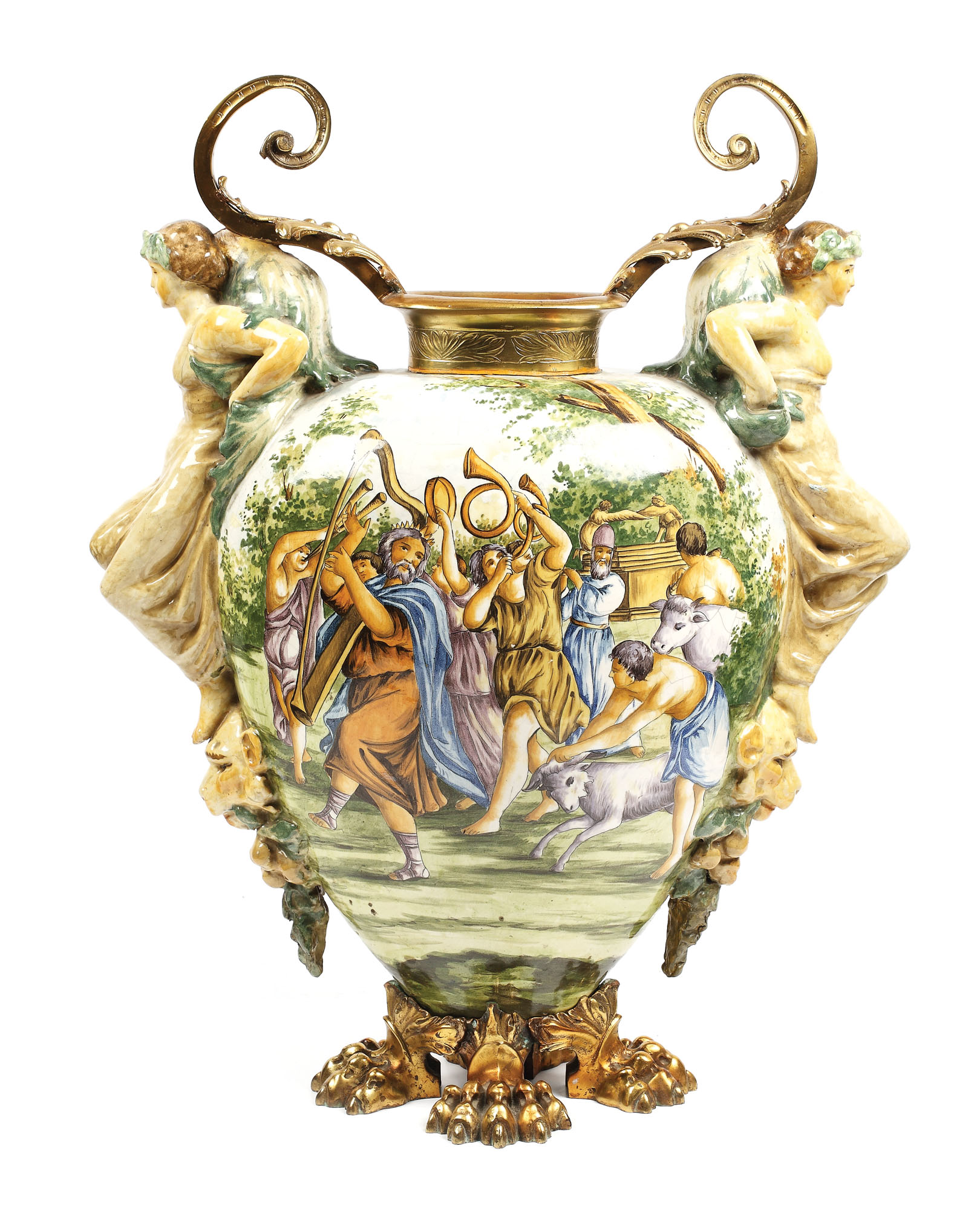 Amforă decorativă în stil Neo-Renaștere Italiană, decorat cu scene mitologice, cca. 1910