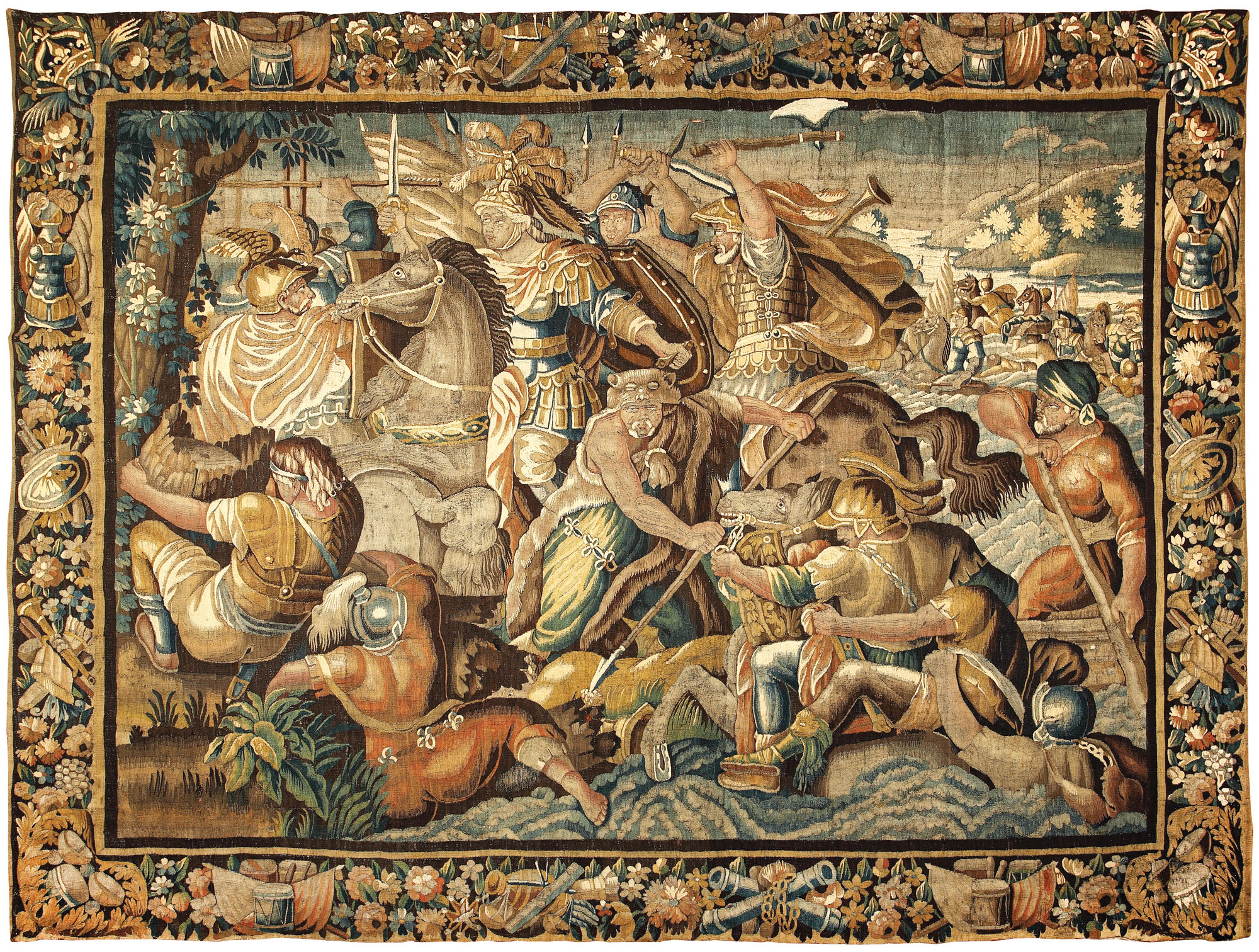 "Bătălia de la Graniccus", monumentală tapiserie flamandă inspirată după pictura şi tapiseria lui Charles le Brun, "Trecerea râului Granicus",  sec. XVII-XVIII