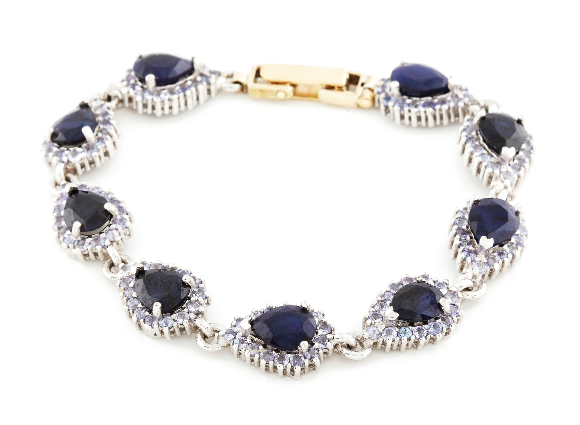 Brățară din argint, cu sistem de prindere din aur, decorată cu tanzanite și safire