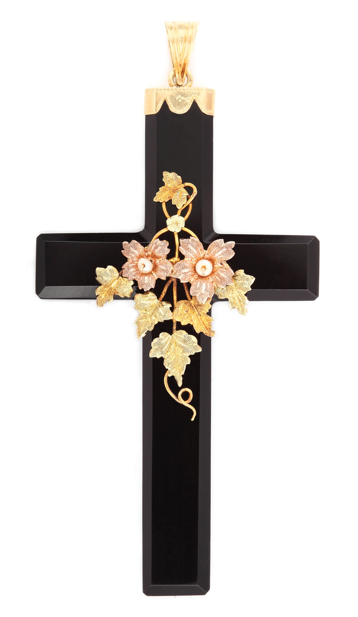 Crucifix din onix, cu ornamentație vegetală din aur aplicată, executat manual, cca. 1900