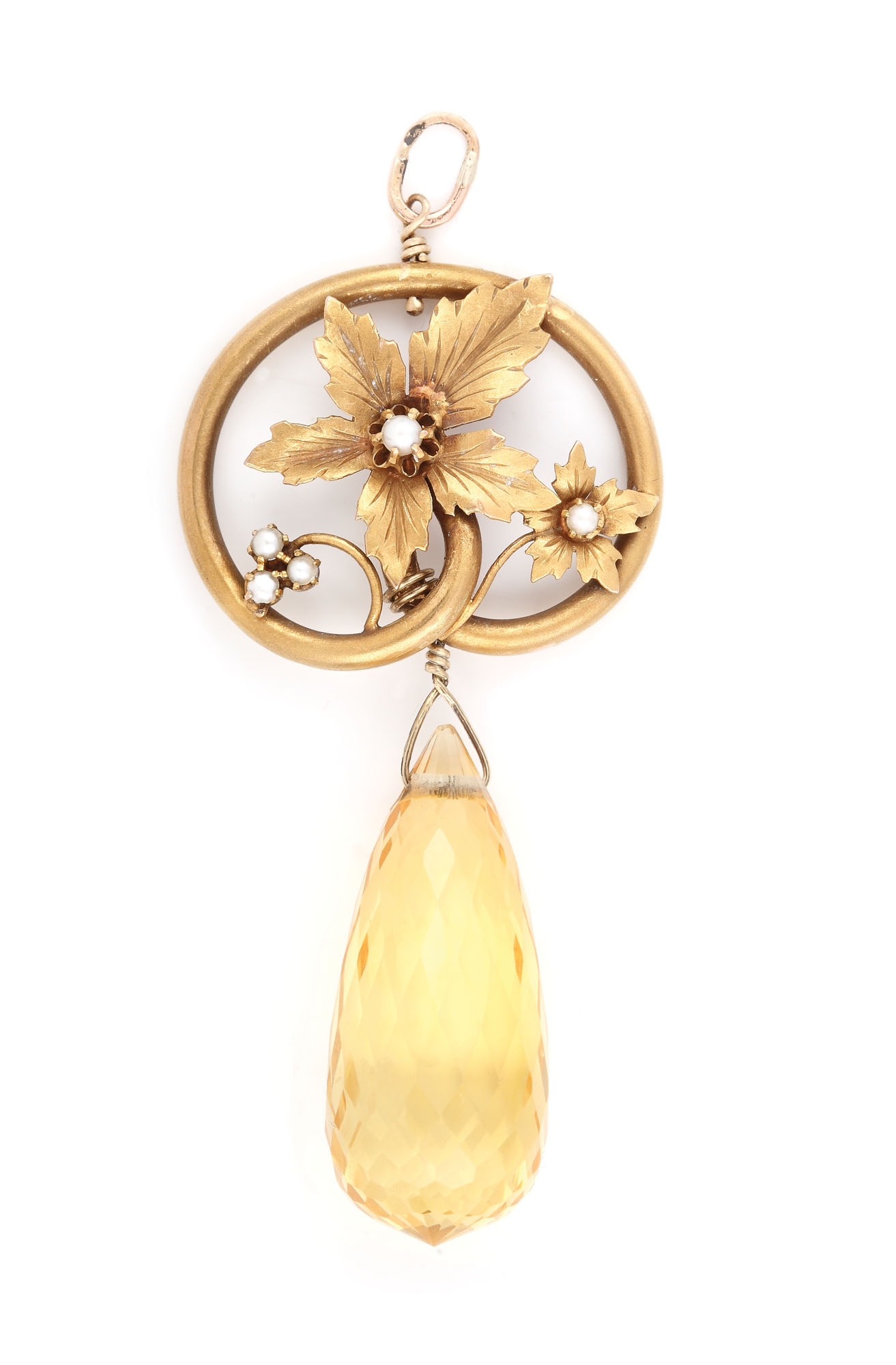 Frumos pandantiv Art Nouveau din aur, realizat în manieră René Lalique, decorat cu perle și un mare citrin, cca. 1900