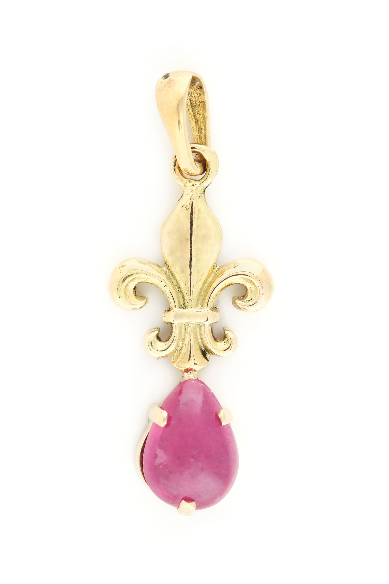Pandantiv din aur, model fleur de lis, decorat cu rubin, cca. 1930