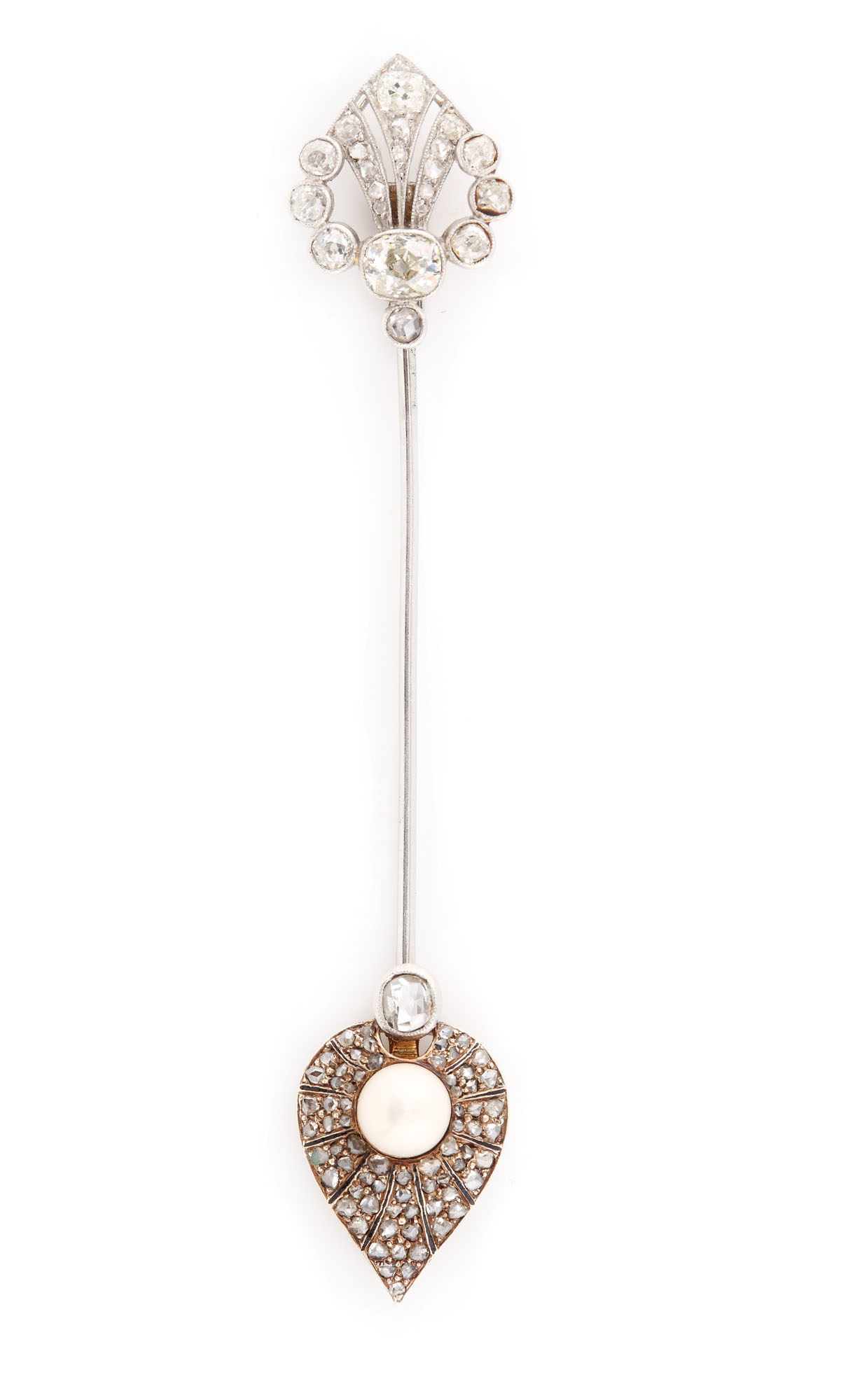 Splendid pin din aur și platină, decorat cu diamante și perlă, cca. 1910