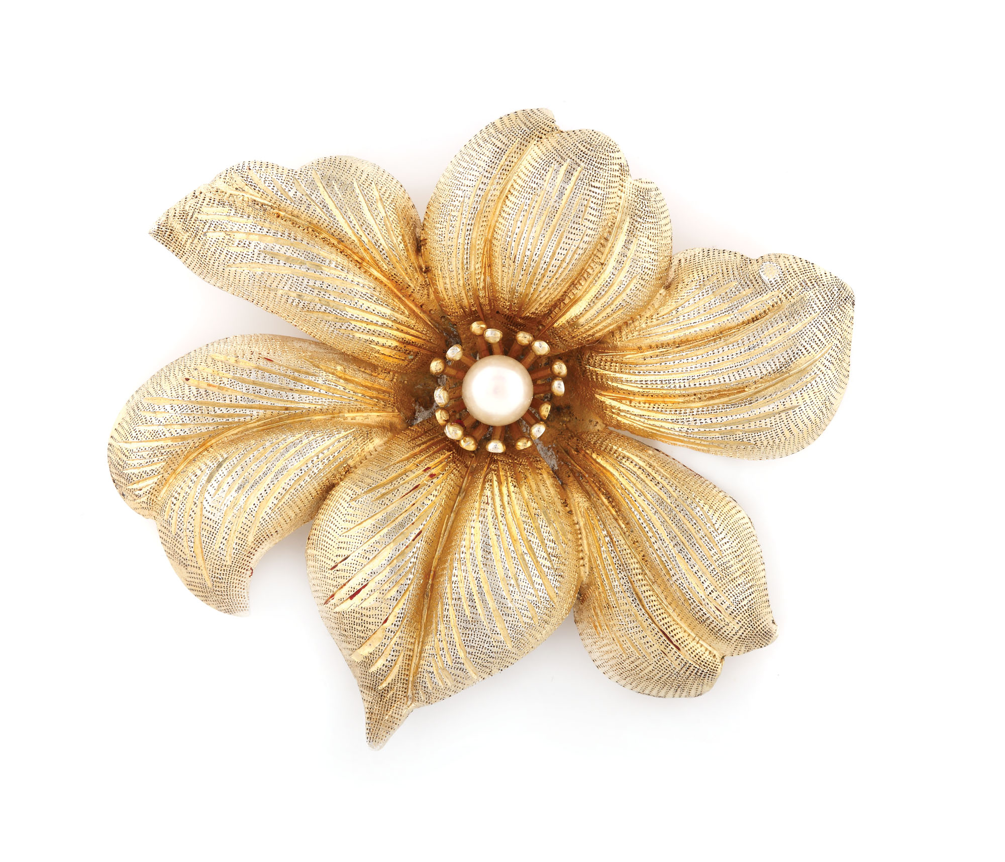 Broșă-floare Art Nouveau, din argint aurit și perlă, 1937-1949