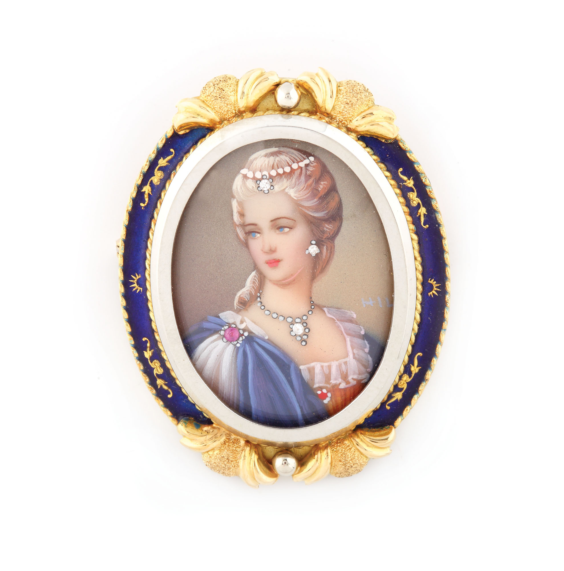 Broșă din aur, decorată cu diamante, rubine și email, înfățișând o aristocrată
