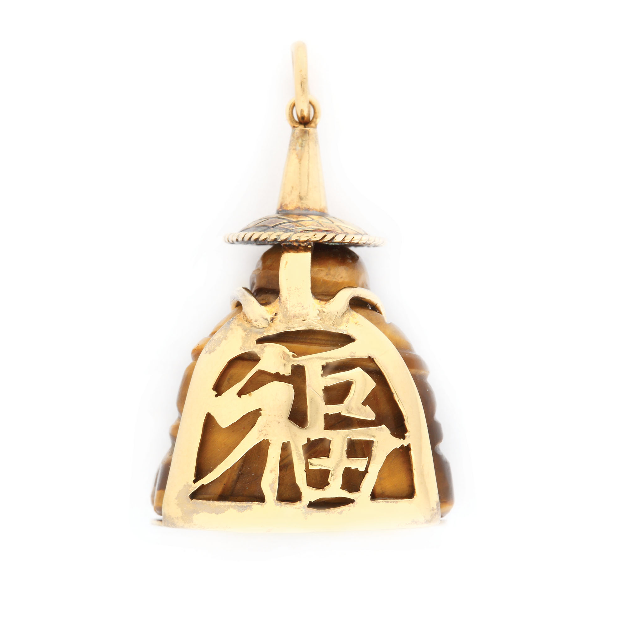 Pandantiv din ochi-de-tigru sculptat, în montură de aur, reprezentându-l pe Buddha