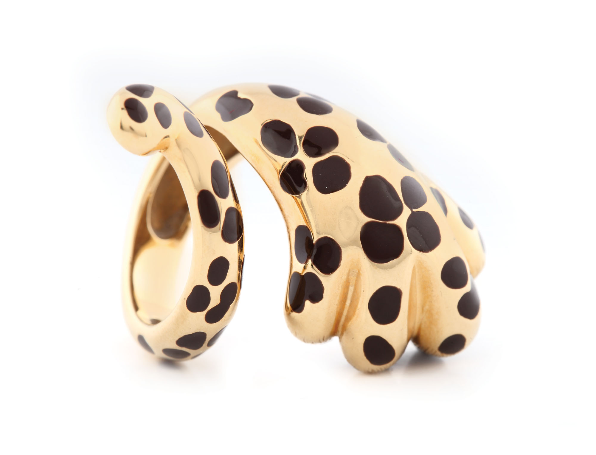 Inel Christian Dior Mitza din aur, decorat cu email, în forma unei gheare de leopard