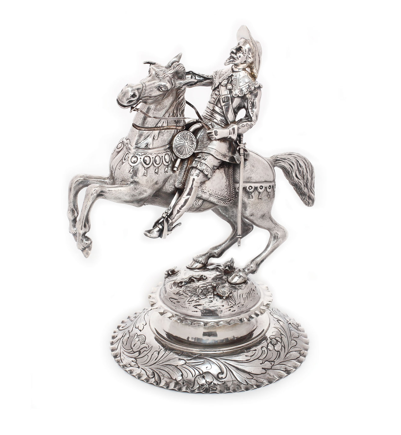 Surtout-de-table din argint Hanau, statuie ecvestră (Regele Gustav Adolf al II-lea al Suediei), sec. XIX