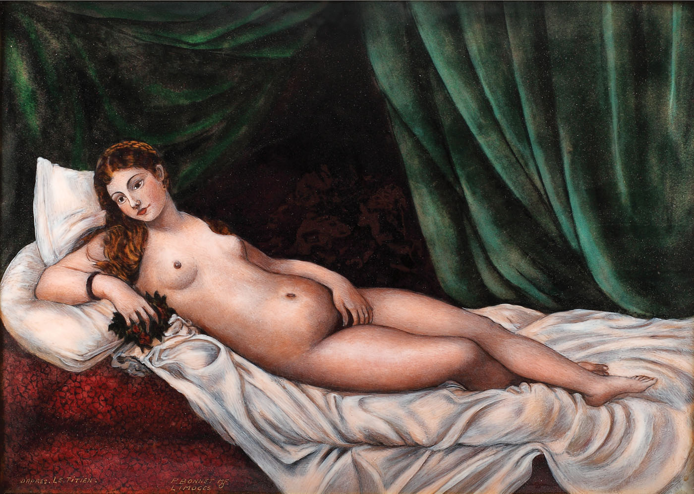 "Venus din Urbino", după Tițian - placă decorativă Limoges, semnată Pierre Bonnet