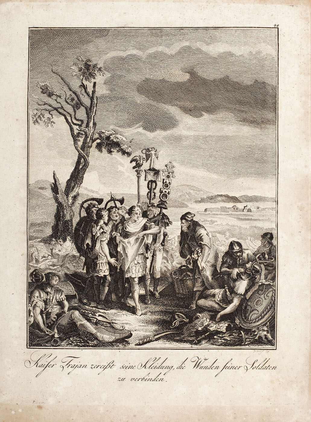 "Împăratul Traian sfâşiindu-si hainele pentru a lega rănile soldaţilor", gravură de epocă realizată de Anton Pichler, 1797