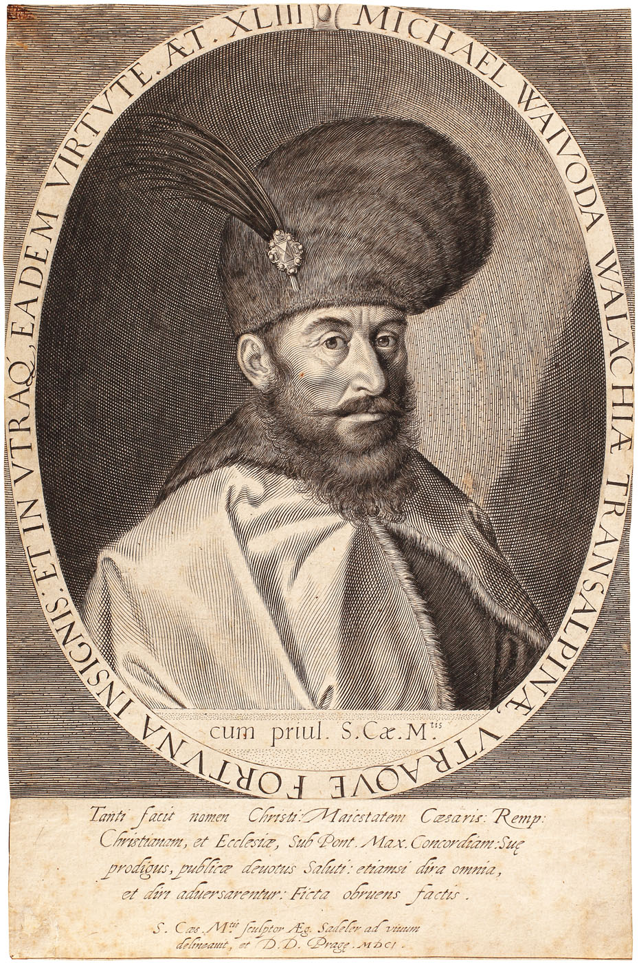 Faimoasa reprezentare a lui Mihai Viteazul, gravură realizată de Aegidius Sadeler II la Praga, 1601, piesă extrem de rară de colecţie