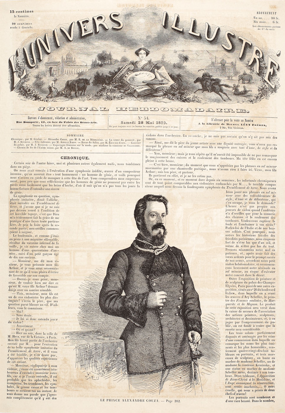 Reprezentare inedită a lui Alexandru Ioan Cuza în ziarul "L'Univers Illustre", 28 mai 1859