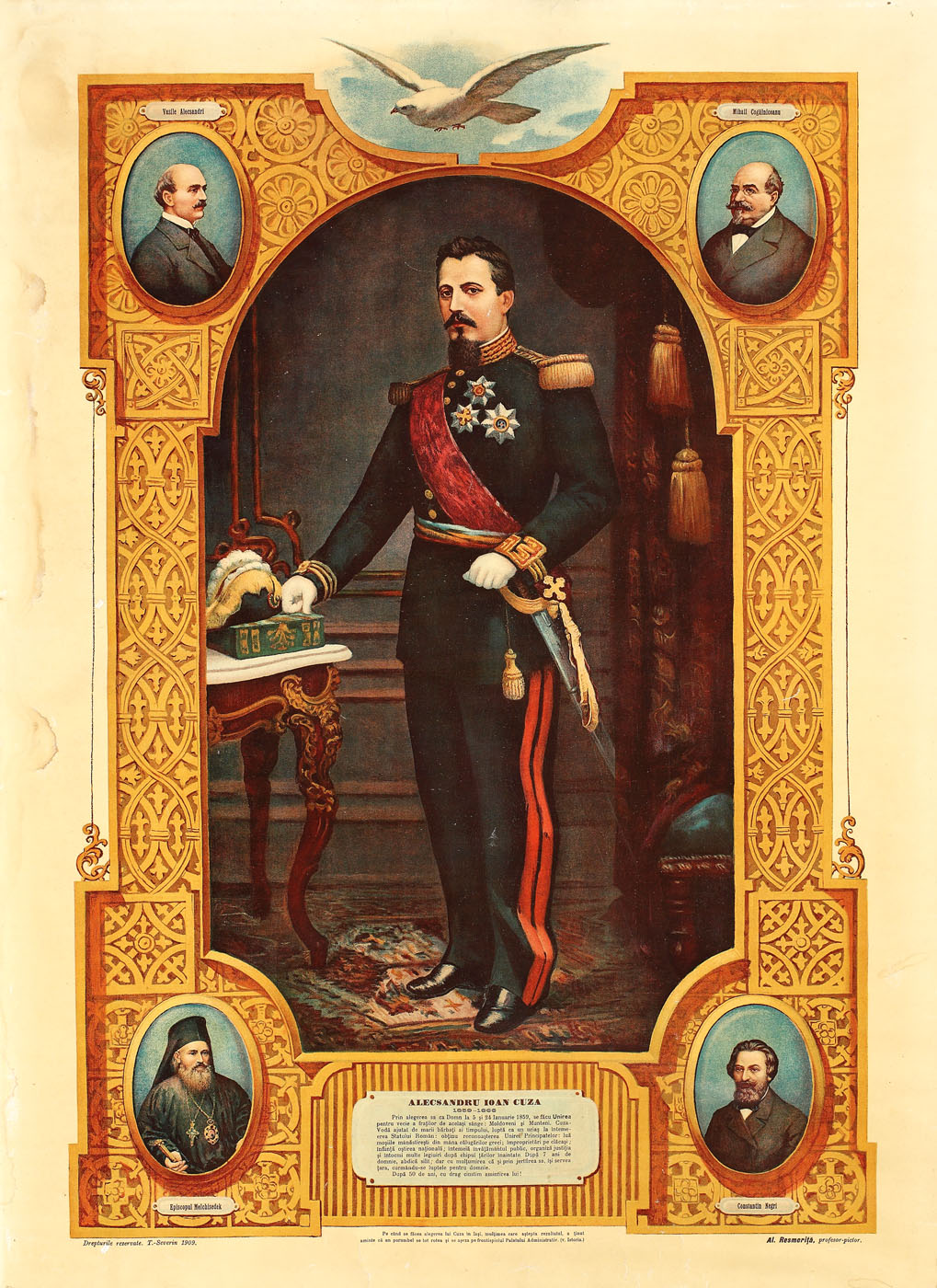 Pereche de cromolitografii înfățișându-i pe Alexandru și Elena Cuza, executate de Alexandru Resmeriţă, cu ocazia împlinirii a 50 de ani de la Unirea Principatelor, 1909