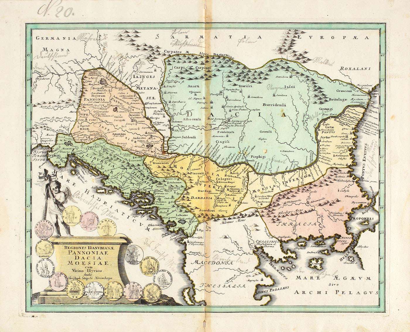 Hartă a Daciei, cu menţionarea castrelor romane (Napoca - Cluj, Tomis - Constanța, Porrolissum - Zalău etc.), de Koehler, sec. XVIII