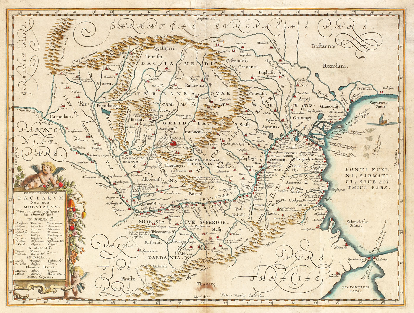 "Descrierea vechilor Dacii şi a Moesiilor", hartă realizată de Petrus Kaerius, c. 1650