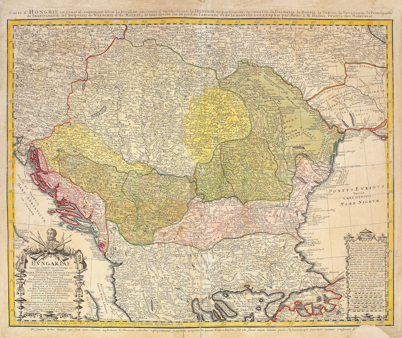 Hartă a Ungariei, înglobând și Valahia și Moldova, de J.M. Haas, 1740