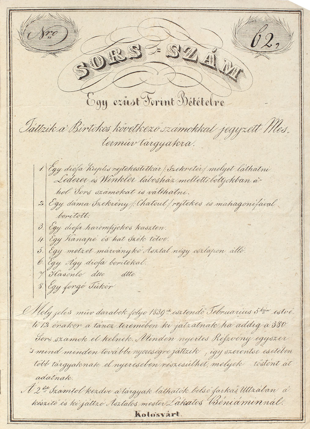 Loz de tombolă, emis la Cluj, 1839