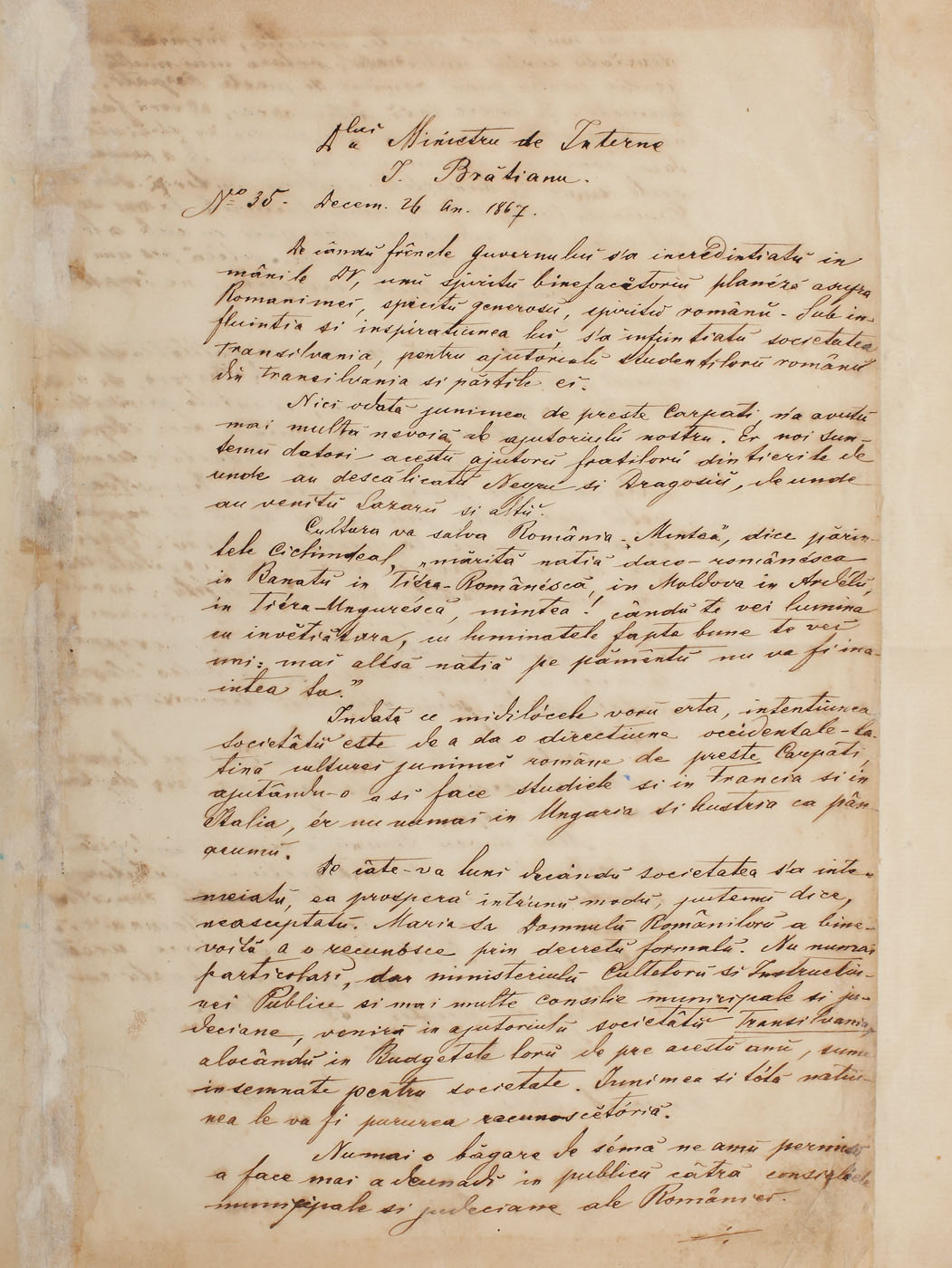 Scrisoare trimisă de Alexandru Papiu Ilarian către Ministrul de interne, Ion C. Brătianu, pentru alocarea bugetului către societatea studenţilor români din Transilvania, 16 decembrie 1867