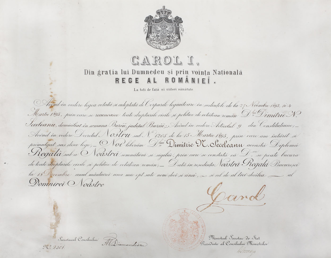 Brevet de acordare a cetățeniei române unui evreu, semnat olograf de M.S. Regele Carol I, 1895