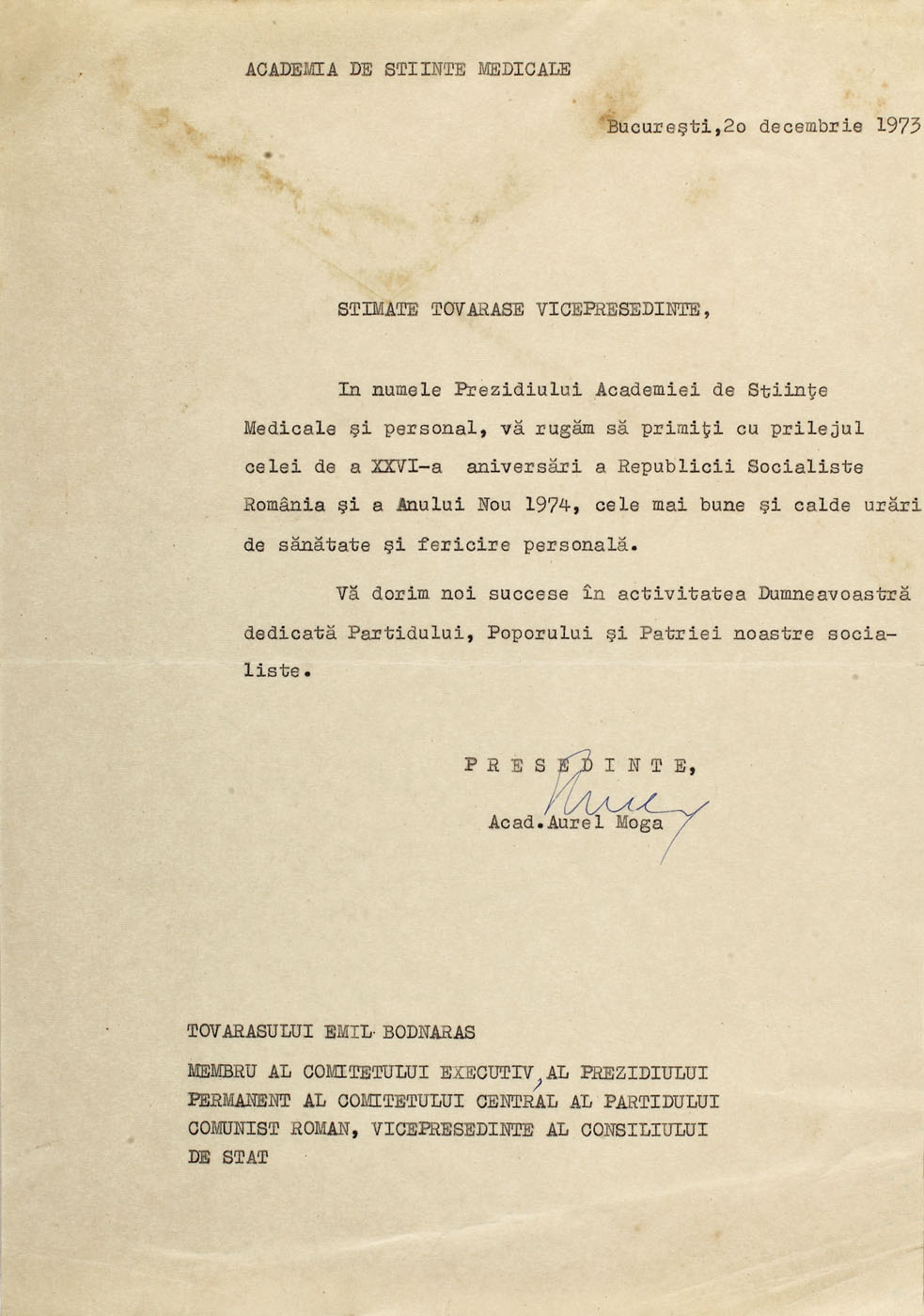 Scrisoare trimisă de Președintele Academiei de Științe Medicale, Acad. Aurel Moga lui Emil Bodnăraș, membru al Prezidiului Permanent al Comitetului Central al Partidului Comunist Român și Vicepreședinte al Consiliului de Stat, Bucureşti, 1973