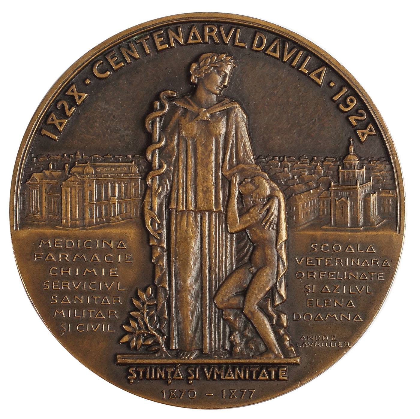 Medalie "General Doctor Carol Davila", oferită cu ocazia Centenarului Davila, gravor André Henri Lavrillier, 1828-1928