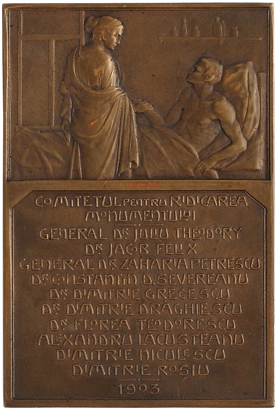 Plachetă "Doctor Carol Davila (1828-1884) - În amintirea creatorului și organisatorului studiului medicinei, farmaciei, școalei veterinare serviciului sanitar al armatei", gravori Wilhelm Mayer și Franz Wilhelm, Stuttgart, 1903