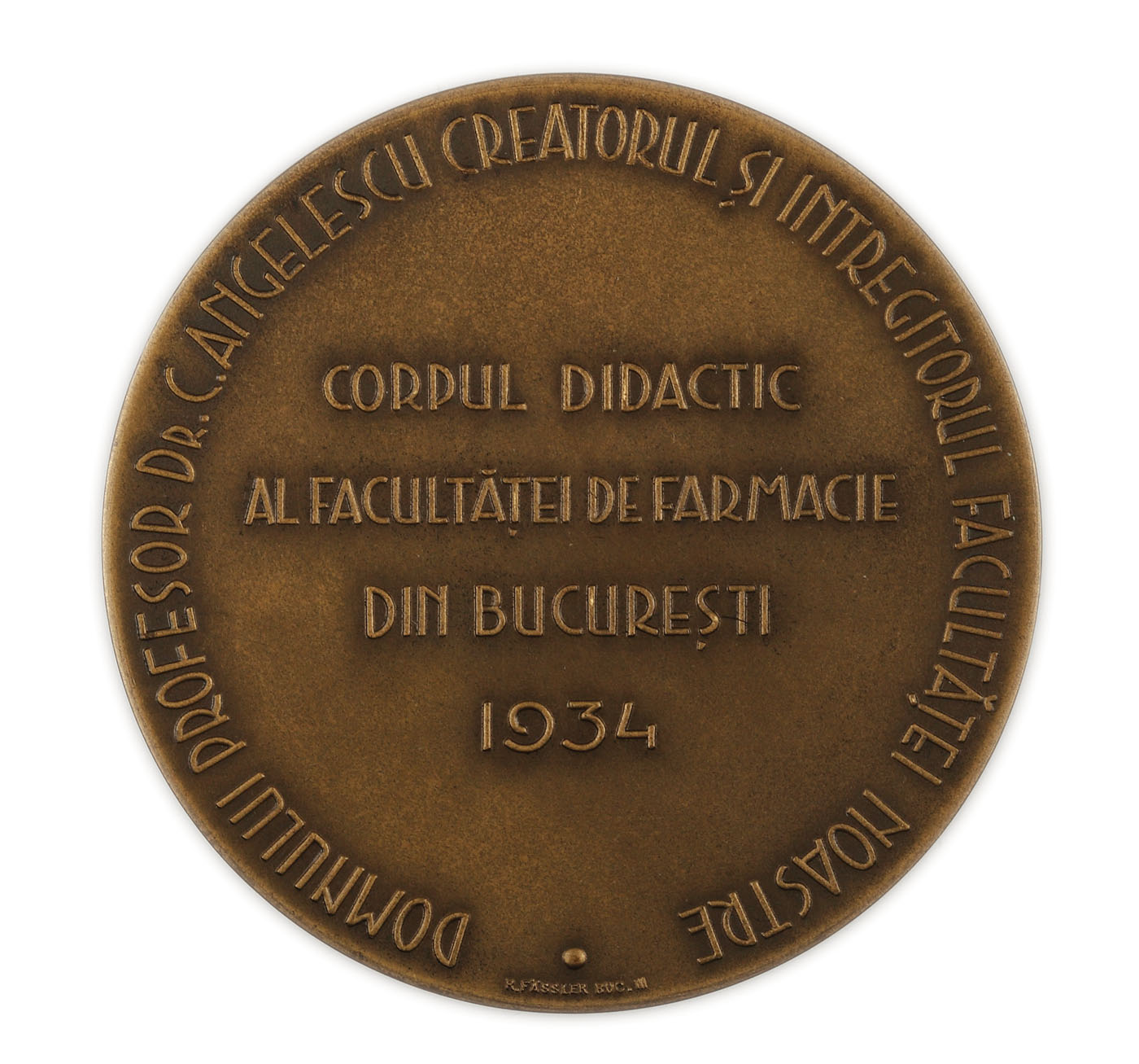 Medalie "Profesor Doctor Constantin Angelescu", oferită de elevii acestuia, gravor Ion Jalea, atelier Robert Fässler, 1934 