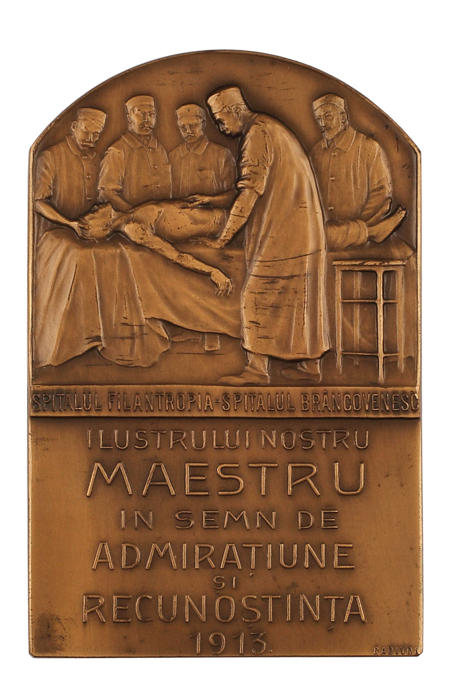 Plachetă "Doctorului Leonte Anastasievici", oferită în semn de admiraţie şi recunoştinţă de elevi, gravor Theodor Radivon, 1913, în cutie originală