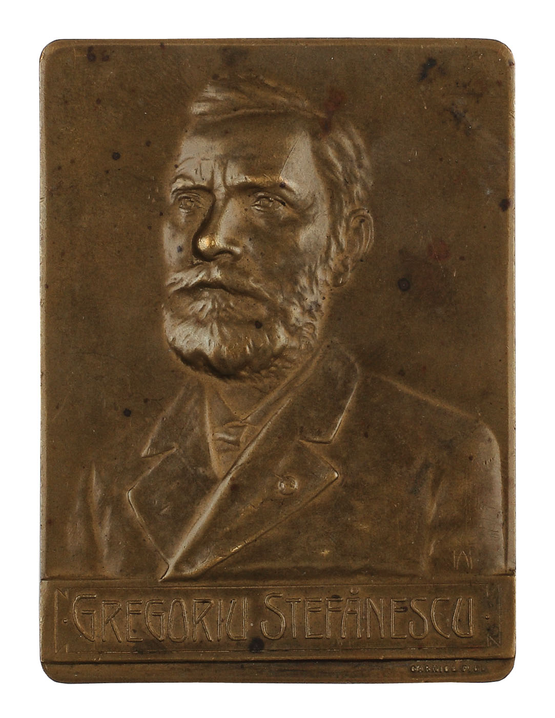 Placheta ”Gregoriu Ștefănescu", oferită de elevii și colaboratorii săi cu ocazia jubileului de 40 de ani de profesorat, gravor Mauriciu Carniol fiul, 18 noiembrie 1904