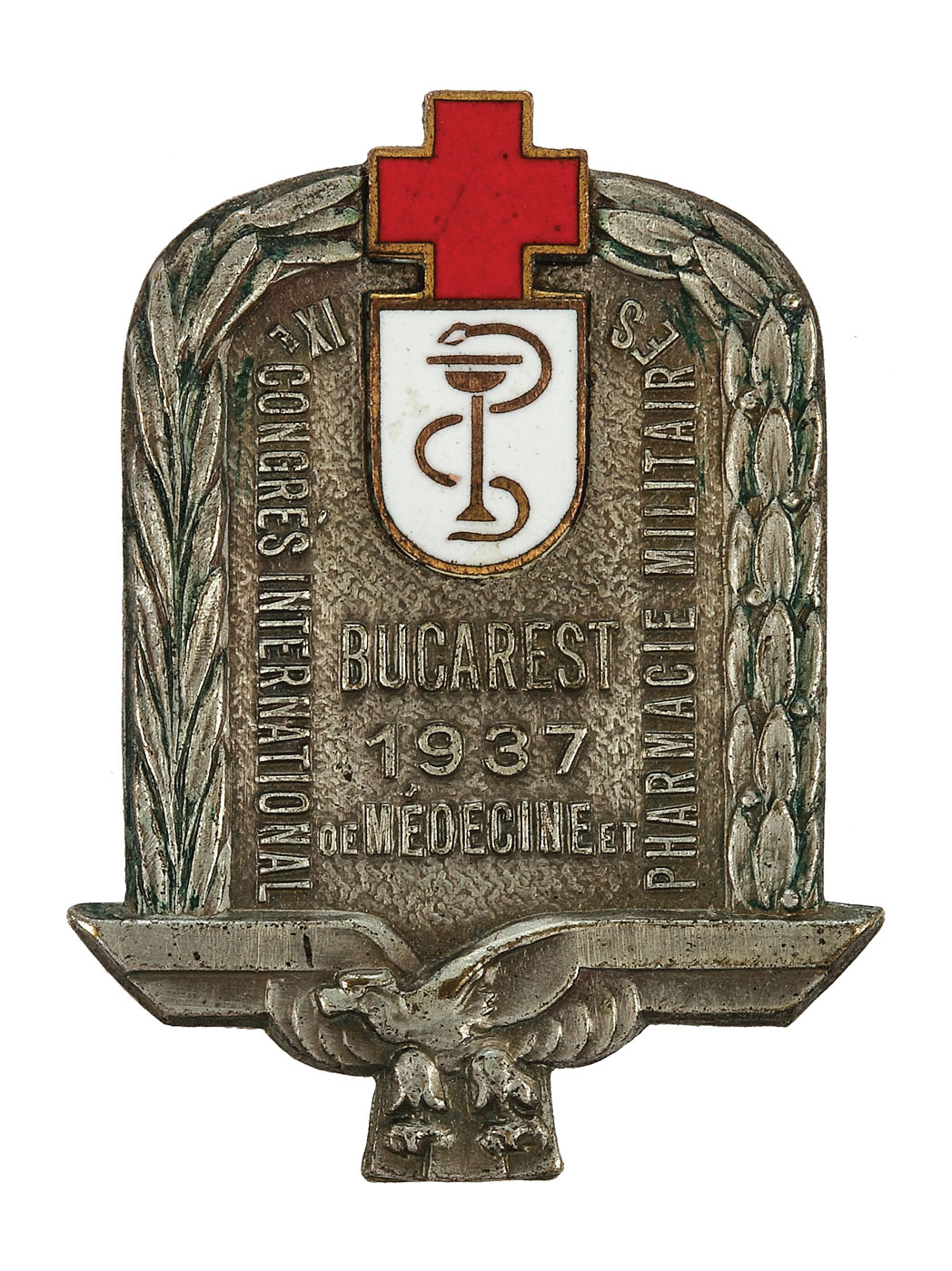 Insignă, "Congresul Internațional al medicinei și al farmaciei militare", București, 1937