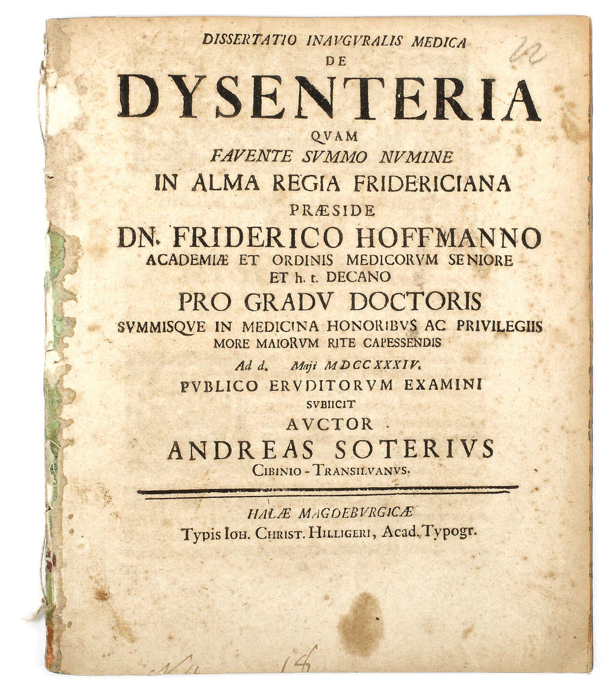 "Dissertatio inauguralis medica de dysenteria", de Andreas Soterius din Sibiu, tipărită la Halle, 1734