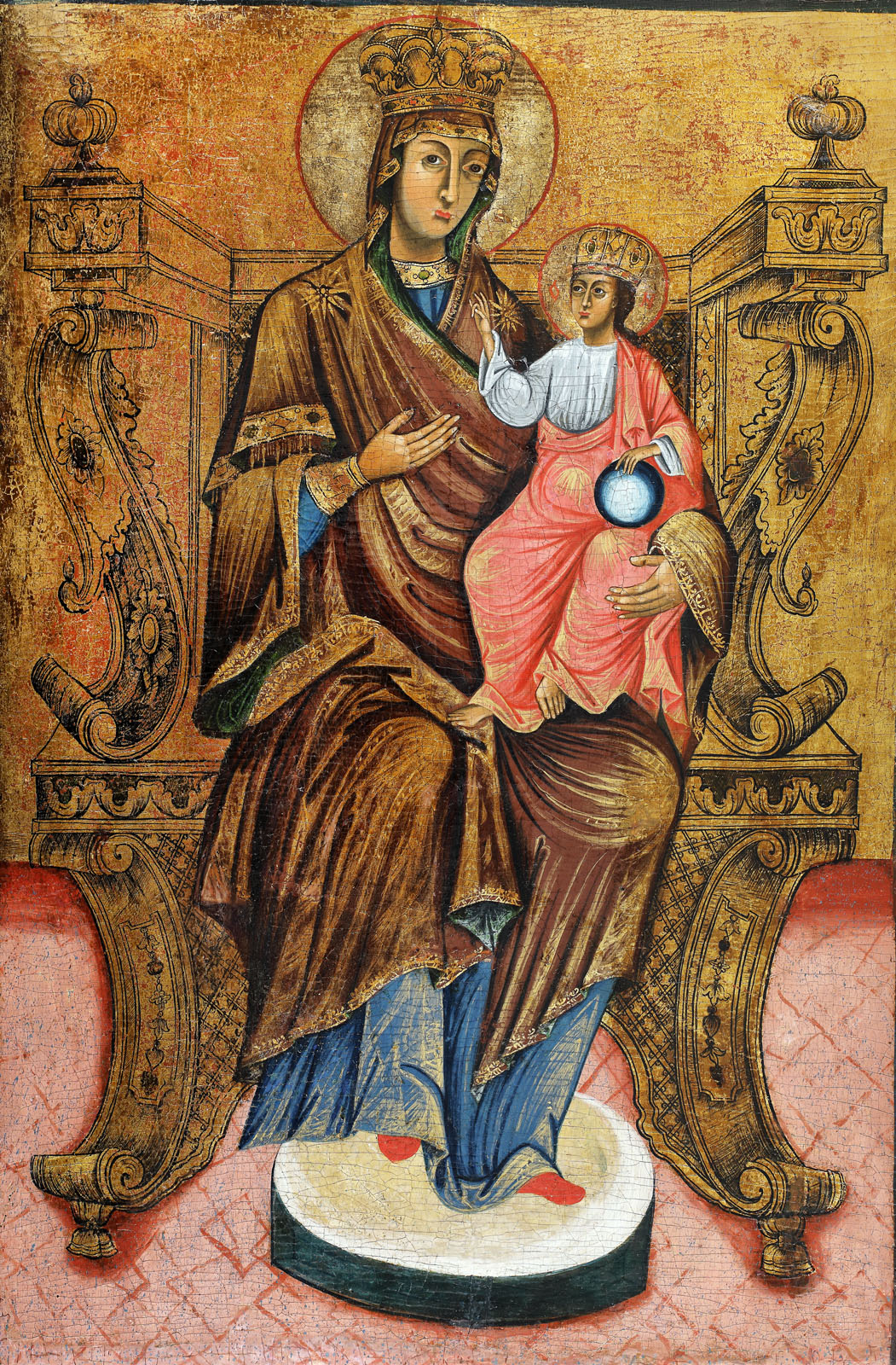 Iconostasis icon on wood, "Virgin Mary and Baby Jesus” (Hodighitria), Romanian transition School of Greek influence, the beginning of the 19th century, from the collection of dr. Horia Slobozianu
