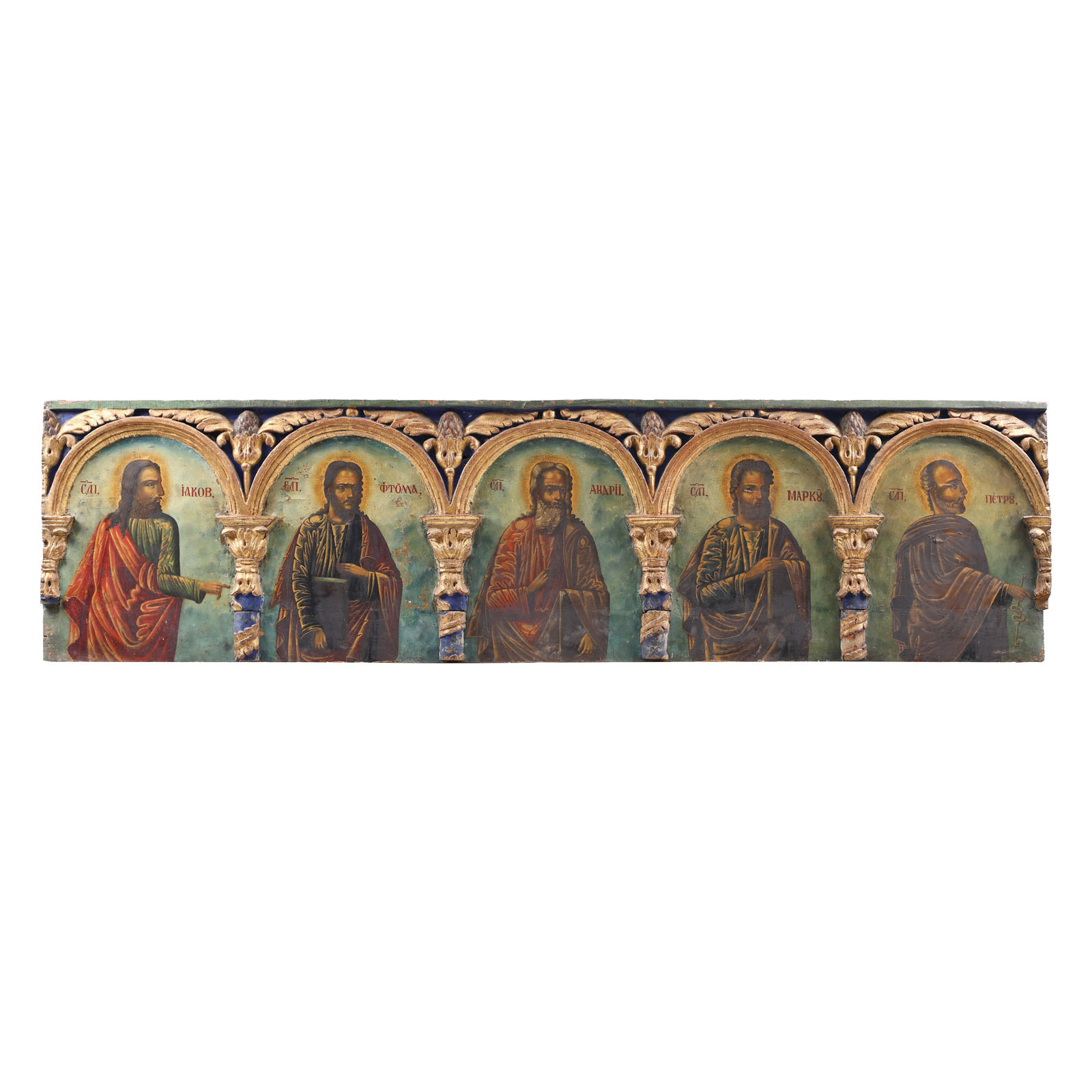 Fragment of iconostasis illustrating James, Thomas, Andrew, Mark, and Peter the Apostles, Romanian transition School, the end of the 19th century, from the collection of dr. Horia Slobozianu