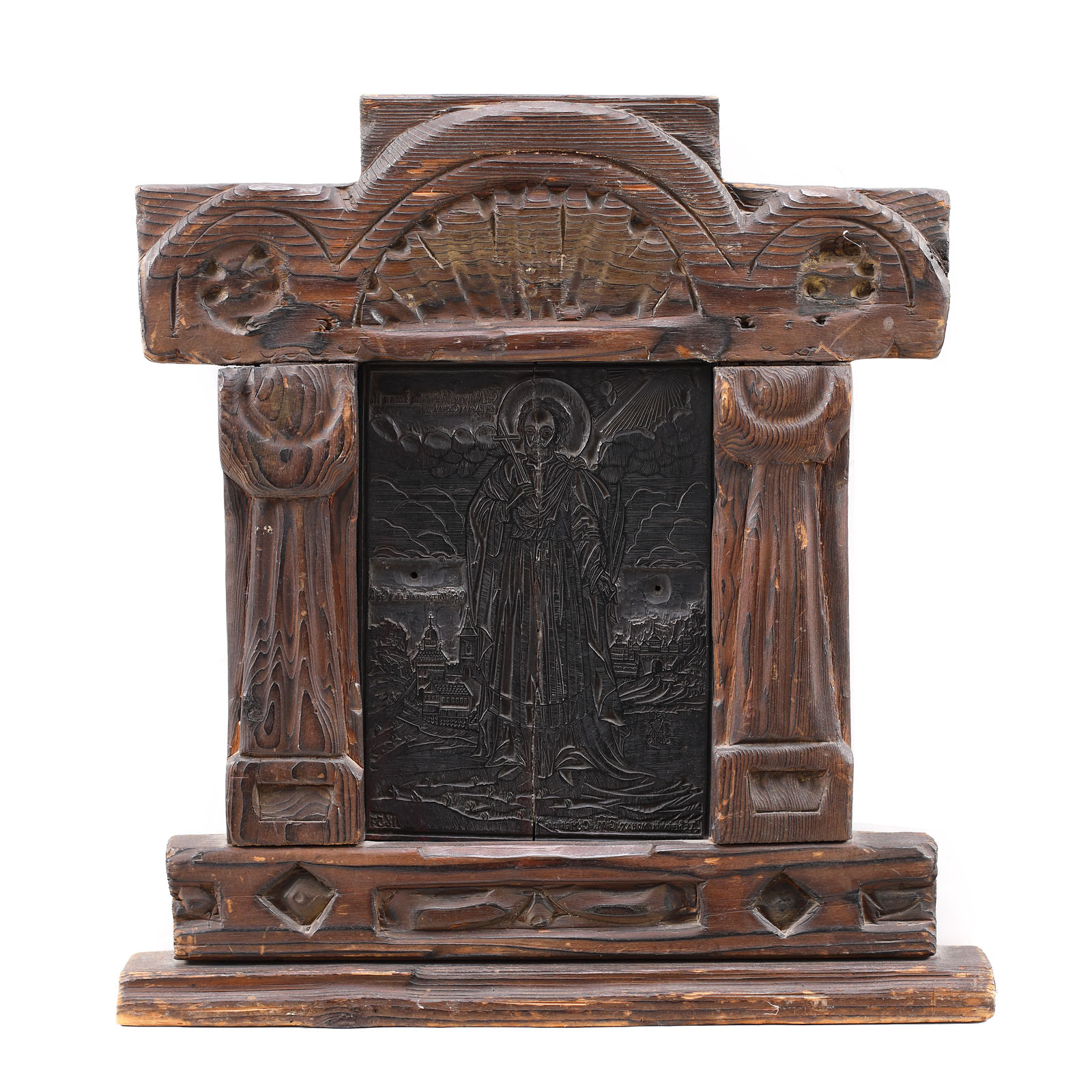 Tablet made of olive wood for xylograph, representing the "Saint John the New" (from Suceava) icon, by Veniamin the monk, Sucevița Monastery, 1827, from the collection of dr. Horia Slobozianu