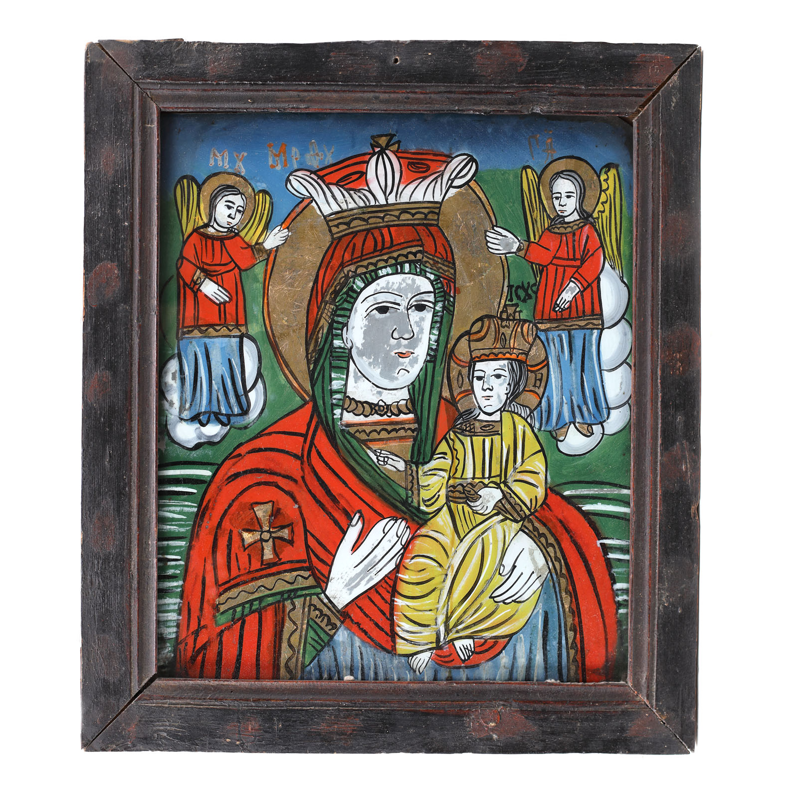 Icoană pe sticlă, "Maica Domnului, Stăpâna Îngerilor", școală transilvăneană (Făgăraș), sec. XIX, provine din colecția dr. Horia Slobozianu