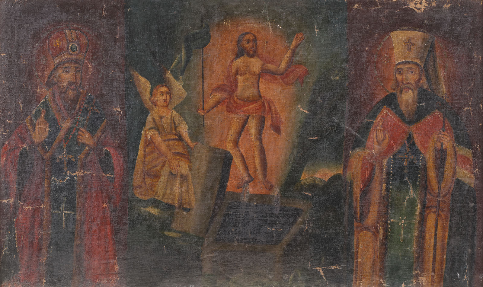 ”Învierea Domnului, alături de Sfântul Ioan Gură de Aur și Sfântul Anastasius”, școală românească, prima jumătate a sec. XIX, provine din colecția dr. Horia Slobozianu